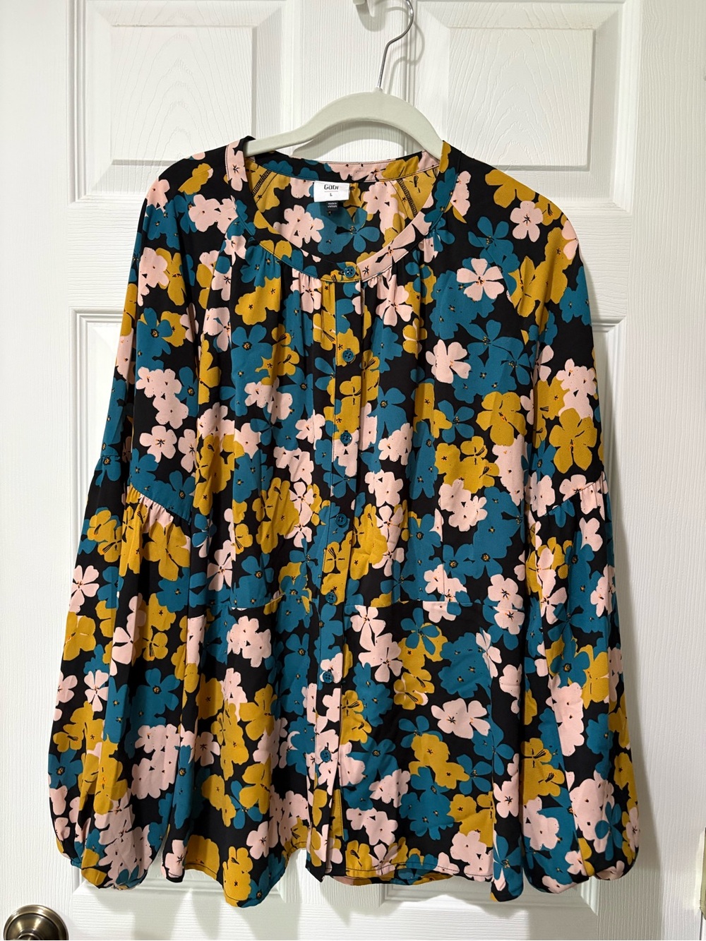 Cabi Floral Button-Front Blouse in Teal, Mustard & Blush